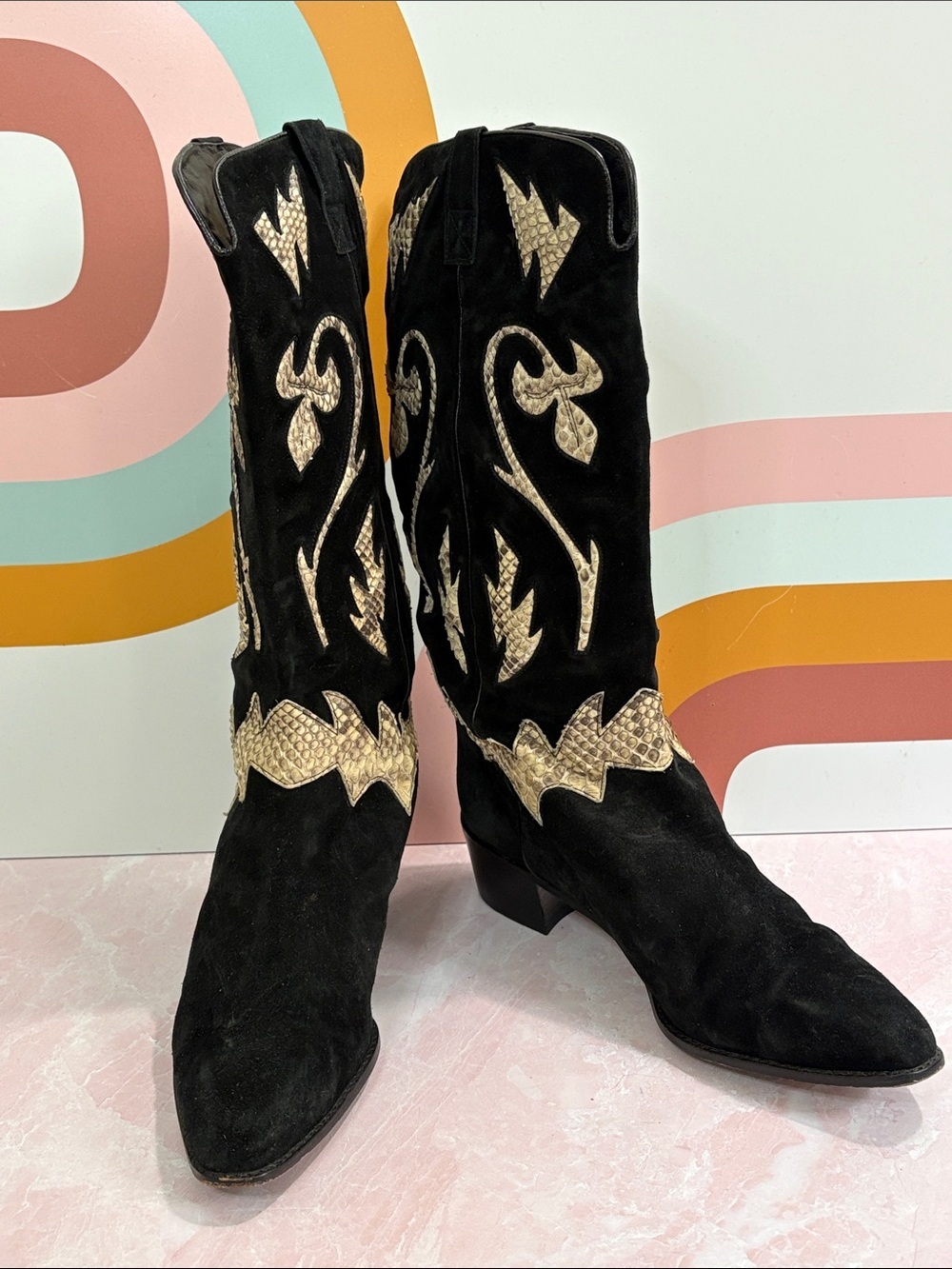 Stuart Weitzman Vintage Black Suede Western Boots with Snakeskin Inlay 9.5